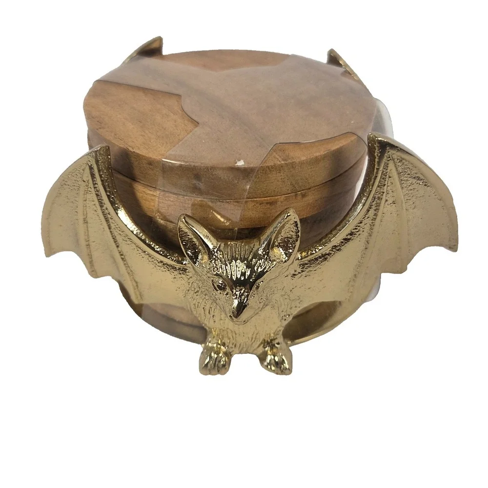 Spooky Hollow Bat Coaster Set 5pc Wood Gold Gothic Halloween Decor New